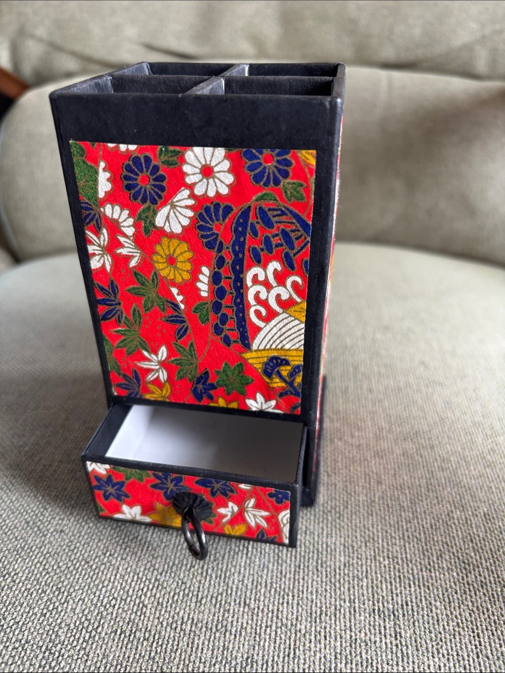 Decorative Red Floral Multi-Compartment Desk Organizer with Drawer